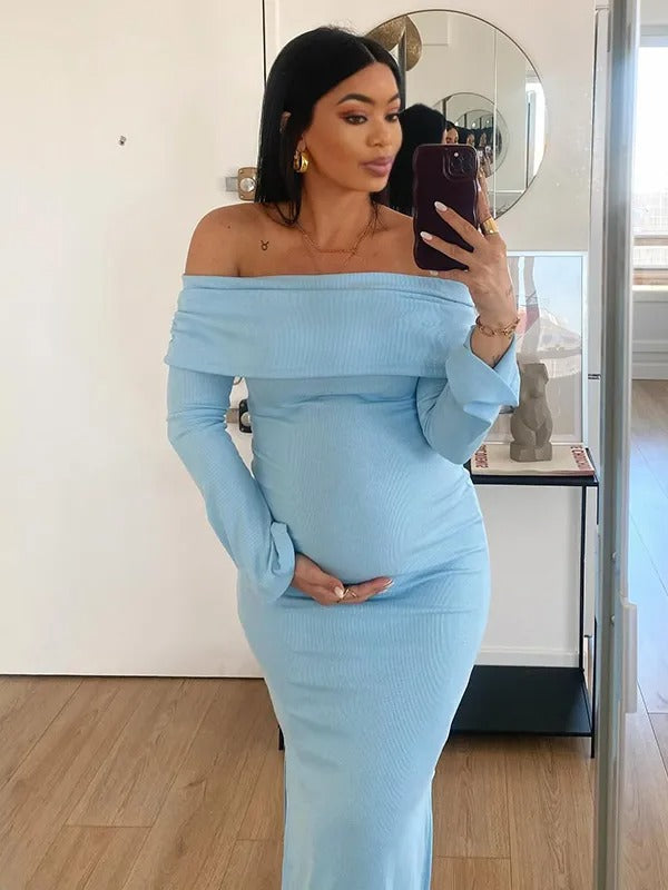 Momnfancy Blue Knit Ruched Off Shoulder Flare Sleeve Bodycon Elegant Cocktail Party Gown Maternity Photoshoot Baby Shower Maxi Dress