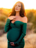 Momnfancy Green Off Shoulder Side Slit Banquet Photo Gown Baby Shower Maternity Evening Maxi Dress