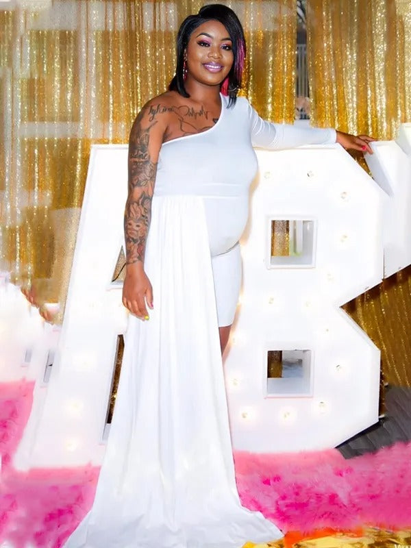 Momnfancy White Oblique Shoulder Irregular Side Draped Bodycon Backless Party Baby Shower Maternity Mini Dress