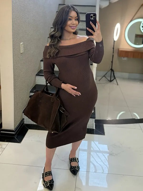 Momnfancy Off Shoulder Knit Bodycon Mermaid Going Out Baby Shower Maternity Sweater Maxi Dress