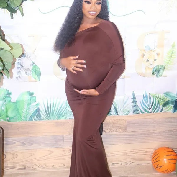 Momnfancy One-Shoulder Ruched Irregular Bodycon Party Mermaid Baby Shower Maternity Maxi Dress