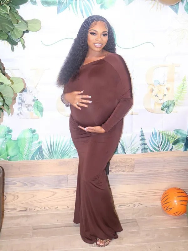 Momnfancy One-Shoulder Ruched Irregular Bodycon Party Mermaid Baby Shower Maternity Maxi Dress