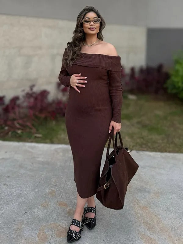 Momnfancy Off Shoulder Knit Bodycon Mermaid Going Out Baby Shower Maternity Sweater Maxi Dress