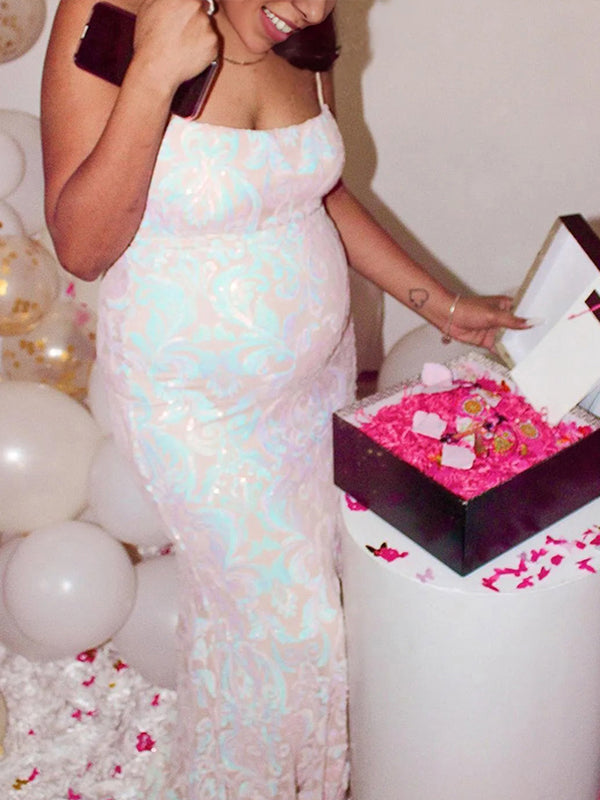 Momnfancy Colorful Sequins Bodycon Maternity Maxi Dress