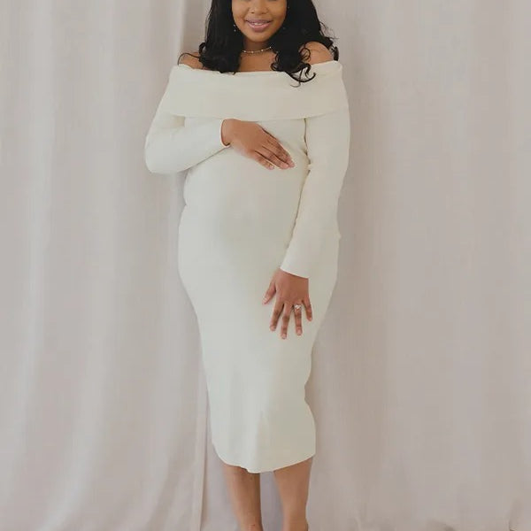 Momnfancy Off Shoulder Knit Bodycon Mermaid Going Out Baby Shower Maternity Sweater Maxi Dress