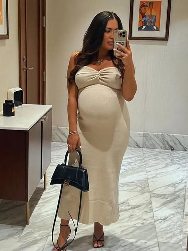 Momnfancy Beige Bandeau Twist Bow Back Slit Bodycon Fashion Baby Shower Maternity Maxi Dress