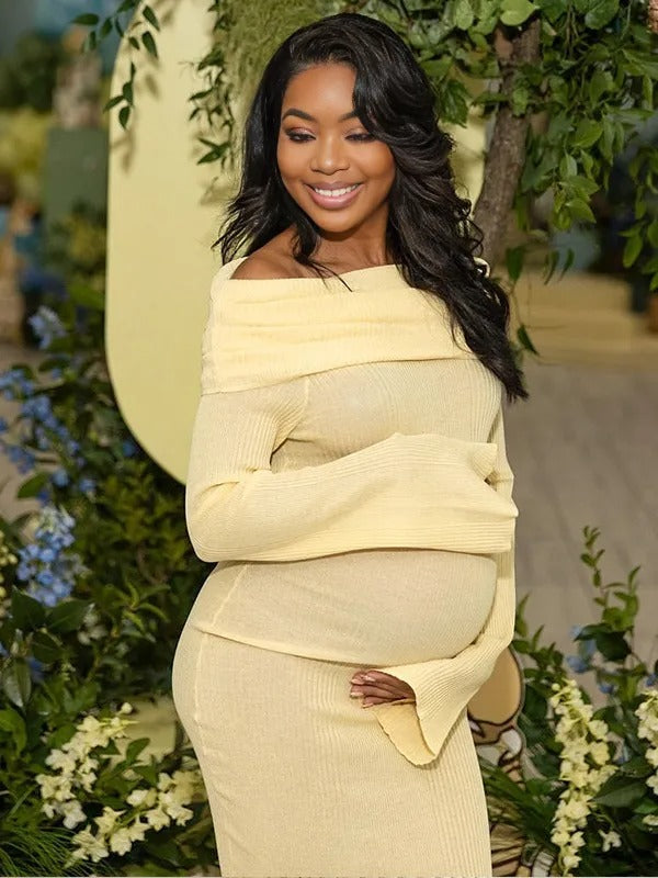 Momnfancy Yellow Knit Off Shoulder Flare Sleeve Mermaid Bodycon Elegant Vacation Photoshoot Baby Shower Maternity Maxi Dress