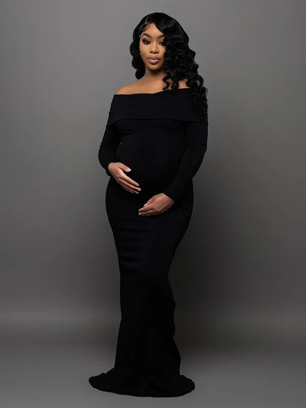 Momnfancy Off Shoulder Solid Color Mermaid Bodycon Elegant Photoshoot Maternity Maxi Sweater Dress