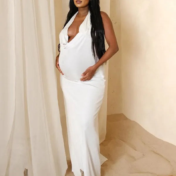 Momnfancy White Plunging Neckline Backless Baby Shower Maternity Maxi Dress