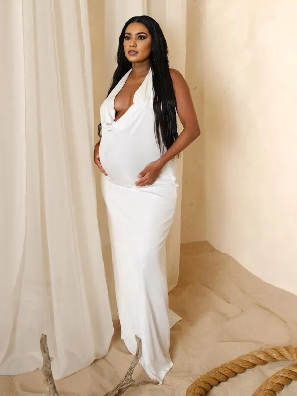 Momnfancy White Plunging Neckline Backless Baby Shower Maternity Maxi Dress