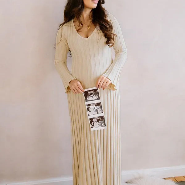 Momnfancy Knit Pleated Big Swing V-neck Plus Size Sweater Elegant Going Out Maternity Photoshoot Baby Shower Maxi Dress