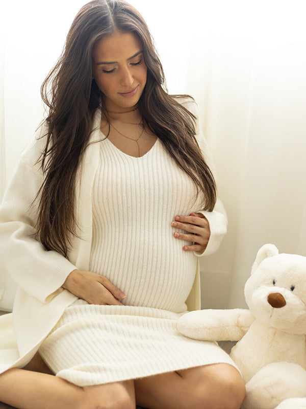 Momnfancy White Knitting  V-Neck Bodycon Two Pieces Cardigan Elegant Baby Shower Maternity Maxi Sweater Dress