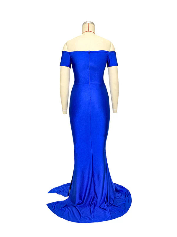 Monmfancy Off Shoulder Short Sleeve V-Neck High Split Bodycon Solid Baby Shower Party Gown Maternity Maxi Dress