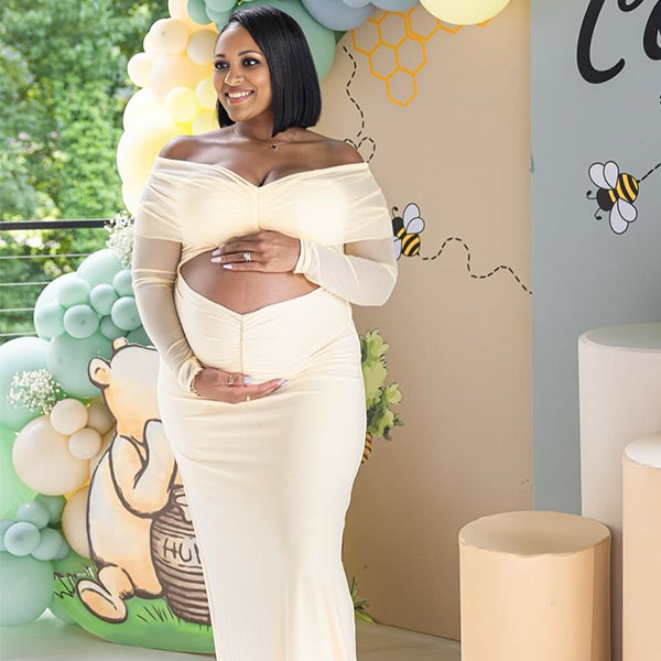 Momnfancy Off Shoulder V-Neck Cut Out Mesh Sheer Crop Ruched Baby Shower Maternity Maxi Dress