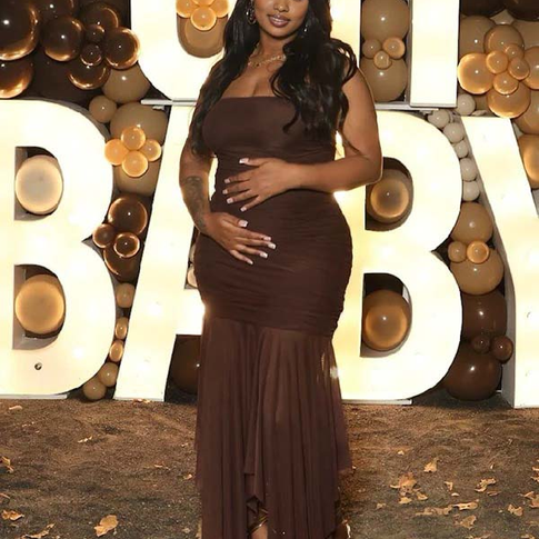 Momnfancy Brown Mesh Bandeau Strapless Ruched Baby Shower Maternity Maxi Dress