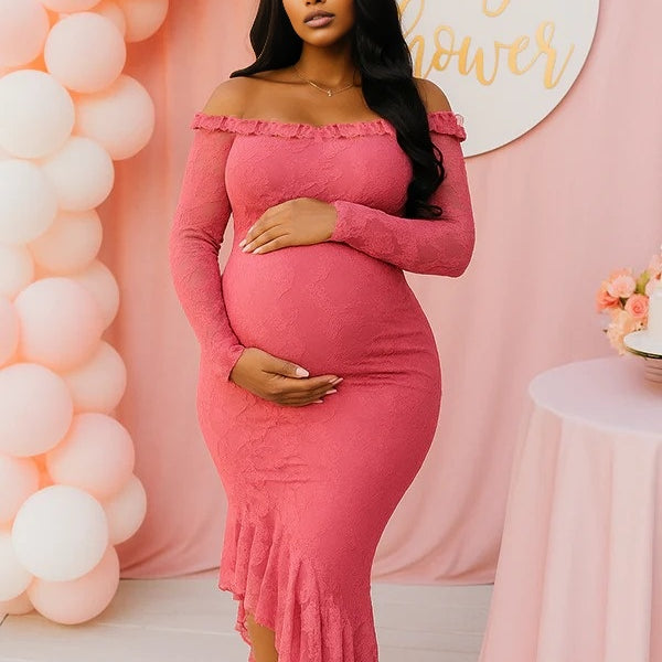 Momnfancy Lace Irregular Ruffle Off Shoulder Bodycon Baby Shower Maternity Maxi Dresses