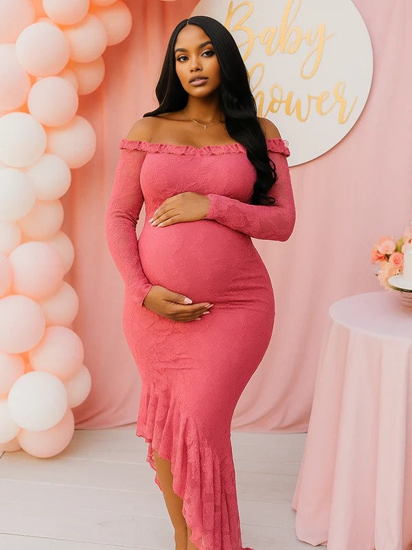 Momnfancy Lace Irregular Ruffle Off Shoulder Bodycon Baby Shower Maternity Maxi Dresses