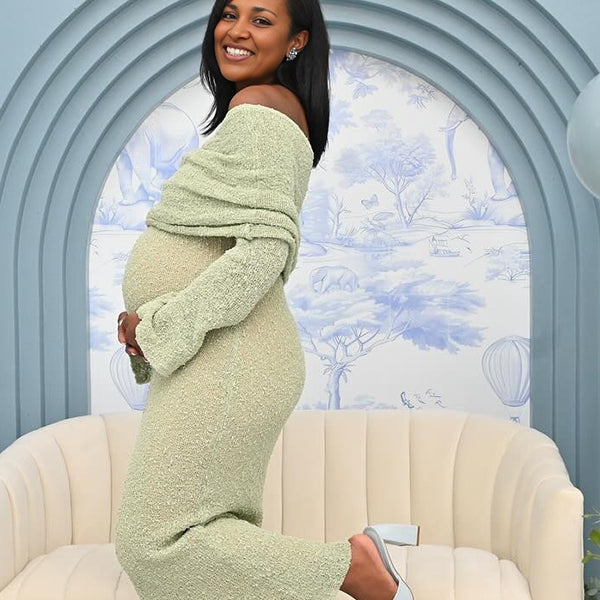 Momnfancy Green Knit Off Shoulder Baby Shower Maternity Maxi Dress