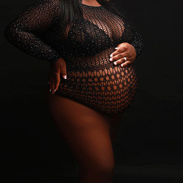 Momnfancy Black Rhinestone Fishnet Knitting Sheer Photoshoot Short Jumpsuit Maternity Bodysuit