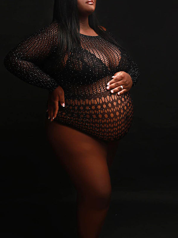 Momnfancy Black Rhinestone Fishnet Knitting Sheer Photoshoot Short Jumpsuit Maternity Bodysuit