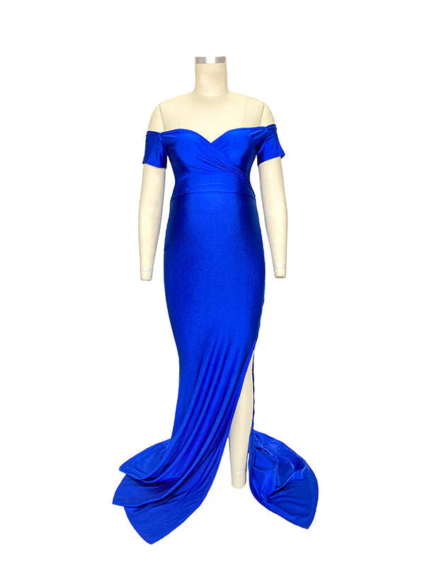 Monmfancy Off Shoulder Short Sleeve V-Neck High Split Bodycon Solid Baby Shower Party Gown Maternity Maxi Dress