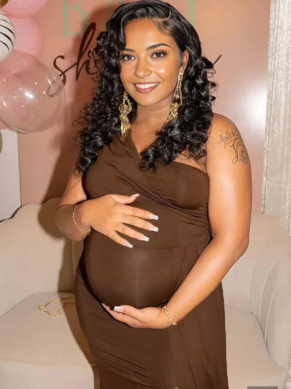 Momnfancy Side Slit Oblique Shoulder Babyshower Maternity Maxi Dress