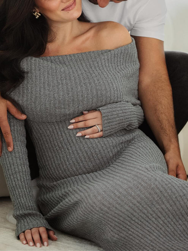 Momnfancy Off Shoulder Solid Color Mermaid Bodycon Elegant Photoshoot Maternity Maxi Sweater Dress