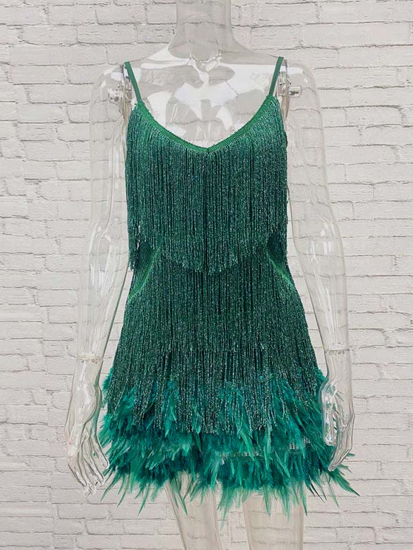 Momnfancy Gliter Sequin Fringe Tassle Feather Cami V-neck Elegant Cocktail Party Plus Size Maternity Baby Shower Mini Dress