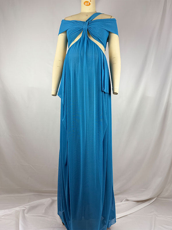 Momnfancy Blue Mesh Off Shoulder Ruched Cut Out Bodycon Evening Gown Baby Shower Maternity Maxi Dress