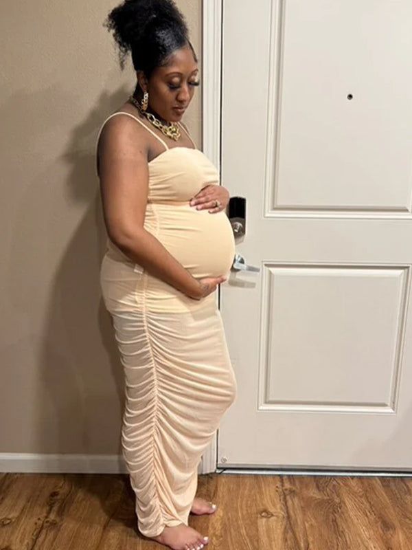 Momnfancy  Apricot Ruched Side Slit Maternity Photoshoot Maxi Dress