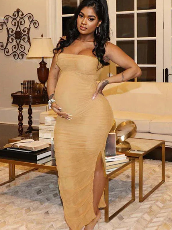 Momnfancy  Apricot Ruched Side Slit Maternity Photoshoot Maxi Dress