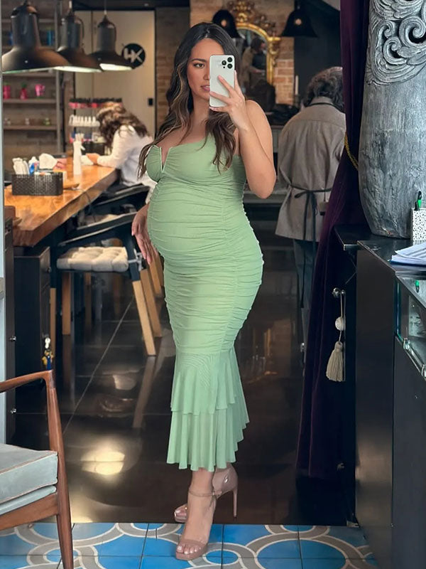 Momnfancy Condole Belt Ruched Bodycon Cut Out Mermaid Sleeveless Babyshower Maternity Maxi Dress