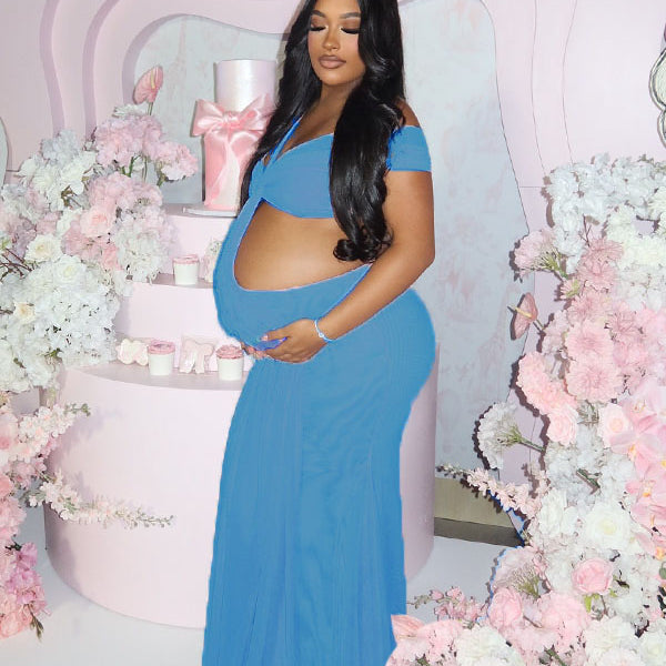 Momnfancy Blue Mesh Off Shoulder Ruched Cut Out Bodycon Evening Gown Baby Shower Maternity Maxi Dress