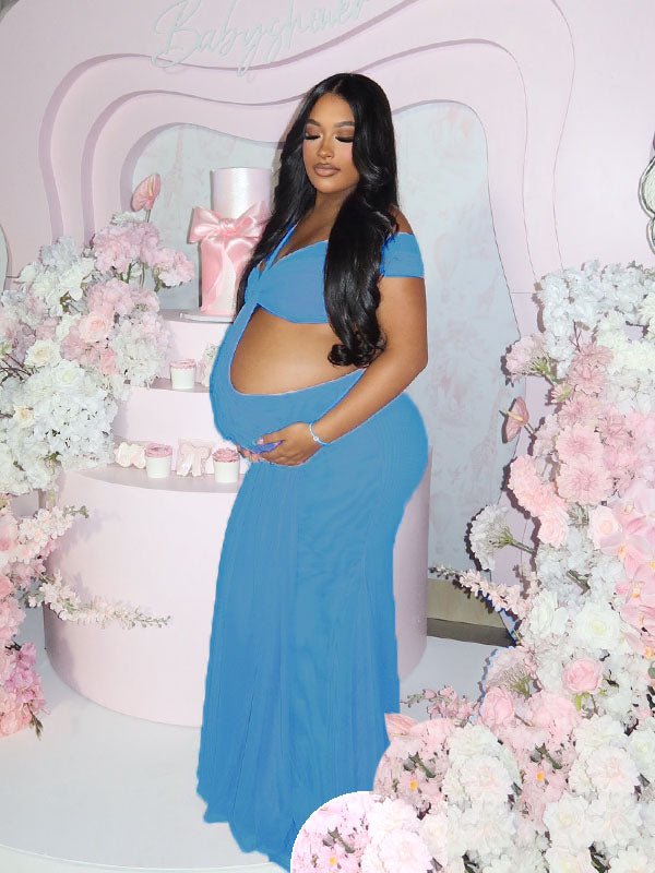 Momnfancy Blue Mesh Off Shoulder Ruched Cut Out Bodycon Evening Gown Baby Shower Maternity Maxi Dress