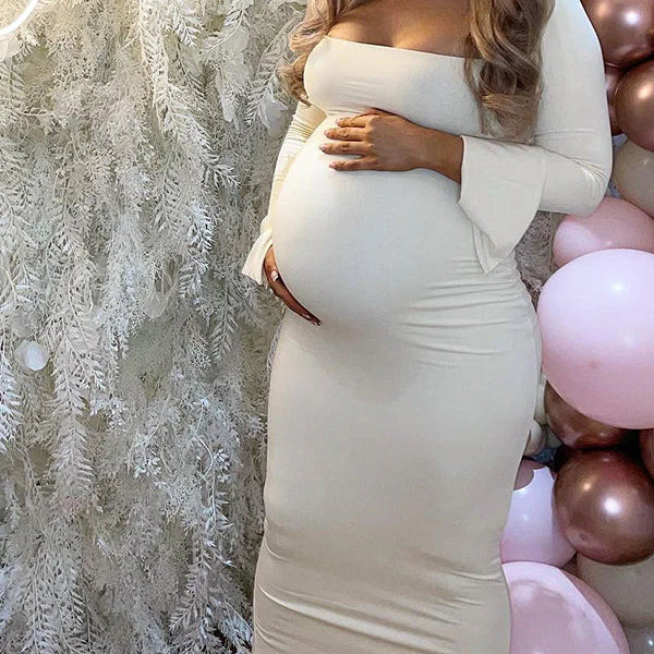 Momnfancy Elegant Long Sleeve Maternity Dress Ultimate Baby Shower Outfit White Bodycon Dress