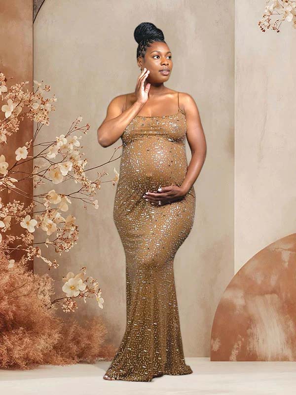 Momnfancy Mesh Rhinestone Spaghetti Strap Bodycon Photoshoot Maternity Maxi Dress