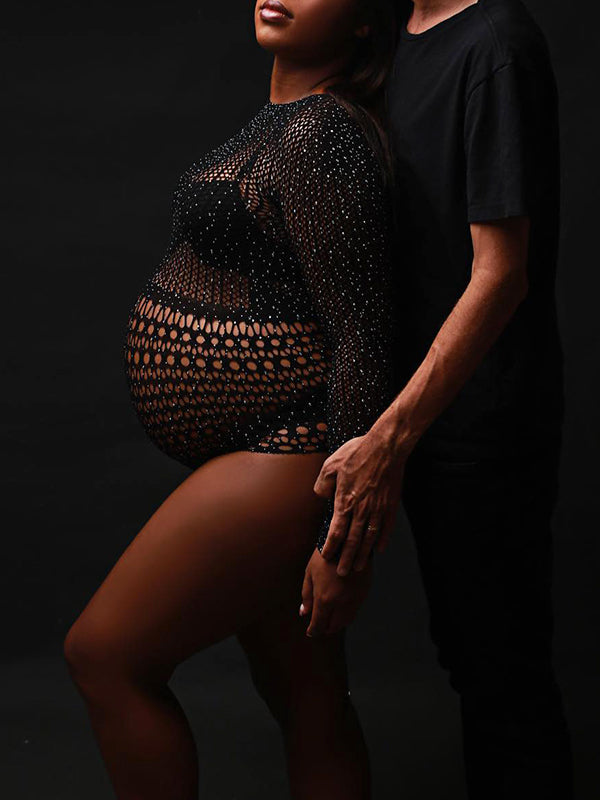 Momnfancy Black Rhinestone Fishnet Knitting Sheer Photoshoot Short Jumpsuit Maternity Bodysuit