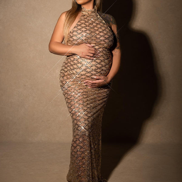 Momnfancy Backless Sequins Mermaid Halter Neck Maternity Photoshoot Maxi Dress