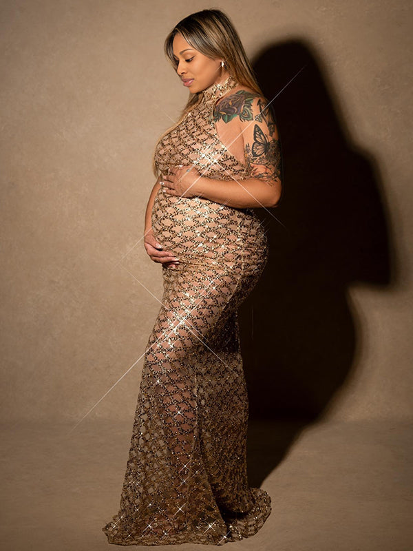 Momnfancy Backless Sequins Mermaid Halter Neck Maternity Photoshoot Maxi Dress