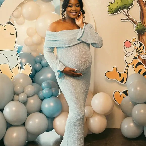 Momnfancy Blue Knitted Off Shoulder Bodycon Flare SleeveBaby Moon Maternity Baby Shower Maxi Dress