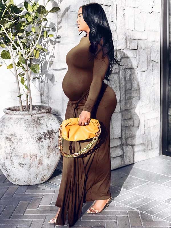Momnfancy Brown Ruched Draped Lace-up Bodycon Casual Long Sleeve Baby Shower Maternity Maxi Dress