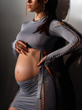 Momnfancy Two Piece Bodycon Distressed Cut Out Bandage Babyshower Formal Maternity Mini Dress