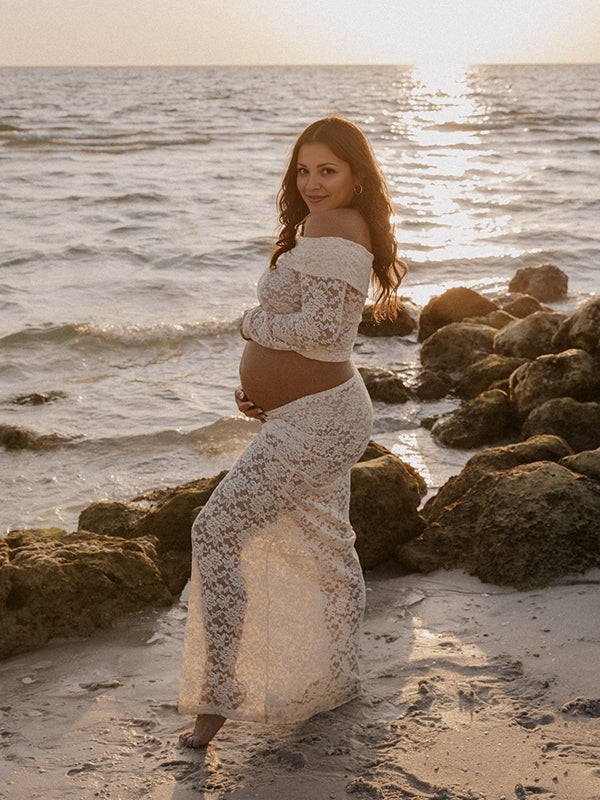 Momnfancy White Lace Off Shoulder Two Pieces Photoshoot Maternity Maxi Dress