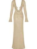Momnfancy Backless Buckles Deep V-neck Knitting Long Sleeve Elegant Photoshoot Maternity Maxi Dress