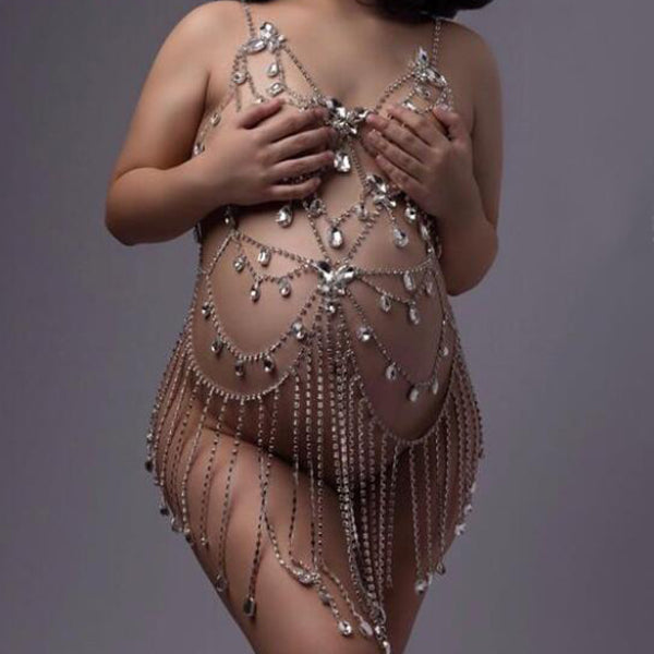 Momnfancy Silver Rhinestone Cut Out Spaghetti Strap Photoshoot Photography Pregnancy Bodycon Maternity Mini Dress