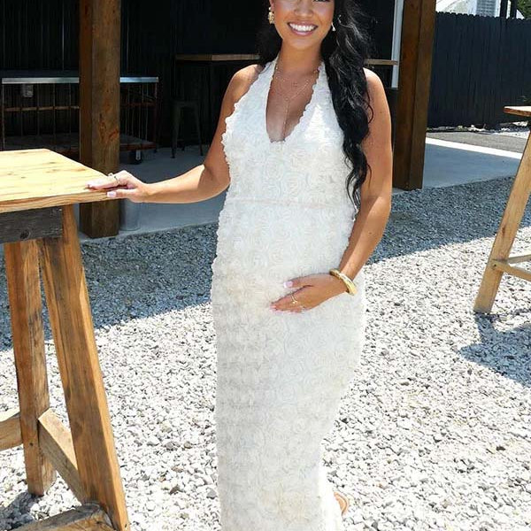 Momnfancy White Backless V-Neck Bodycon Baby Shower Maternity Maxi Dress