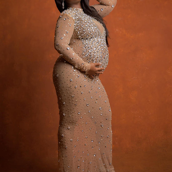 Momnfancy Apricot Diamonds Rhinestone Back Slit Photoshoot Maternity Maxi Dress