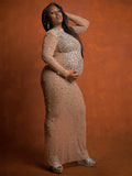 Momnfancy Apricot Diamonds Rhinestone Back Slit Photoshoot Maternity Maxi Dress