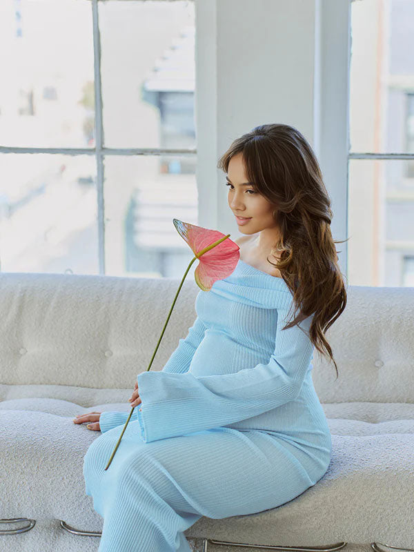 Momnfancy Blue Knit Ruched Off Shoulder Flare Sleeve Bodycon Elegant Cocktail Party Gown Maternity Photoshoot Baby Shower Maxi Dress