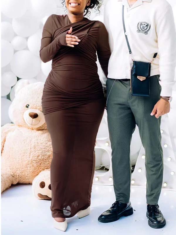 Momnfancy Mesh Ruched Sheer Mermaid Bodycon Party Gown Front Cross Maternity Maxi Dress